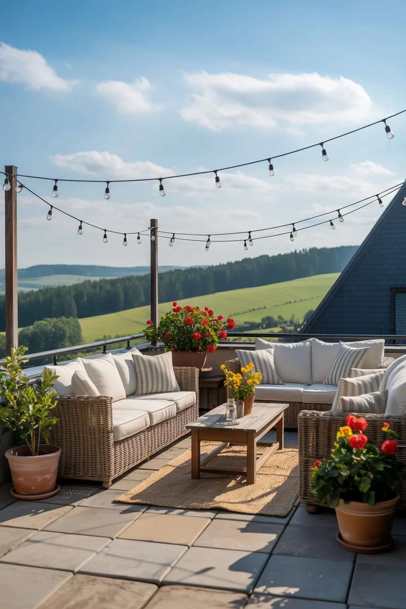 31 Rooftop Patio Design Ideas for Stylish Outdoor Living 31 Wicker furniture with red and yellow flowering plants on wooden deck with fairy lights overlooking green hills and forest