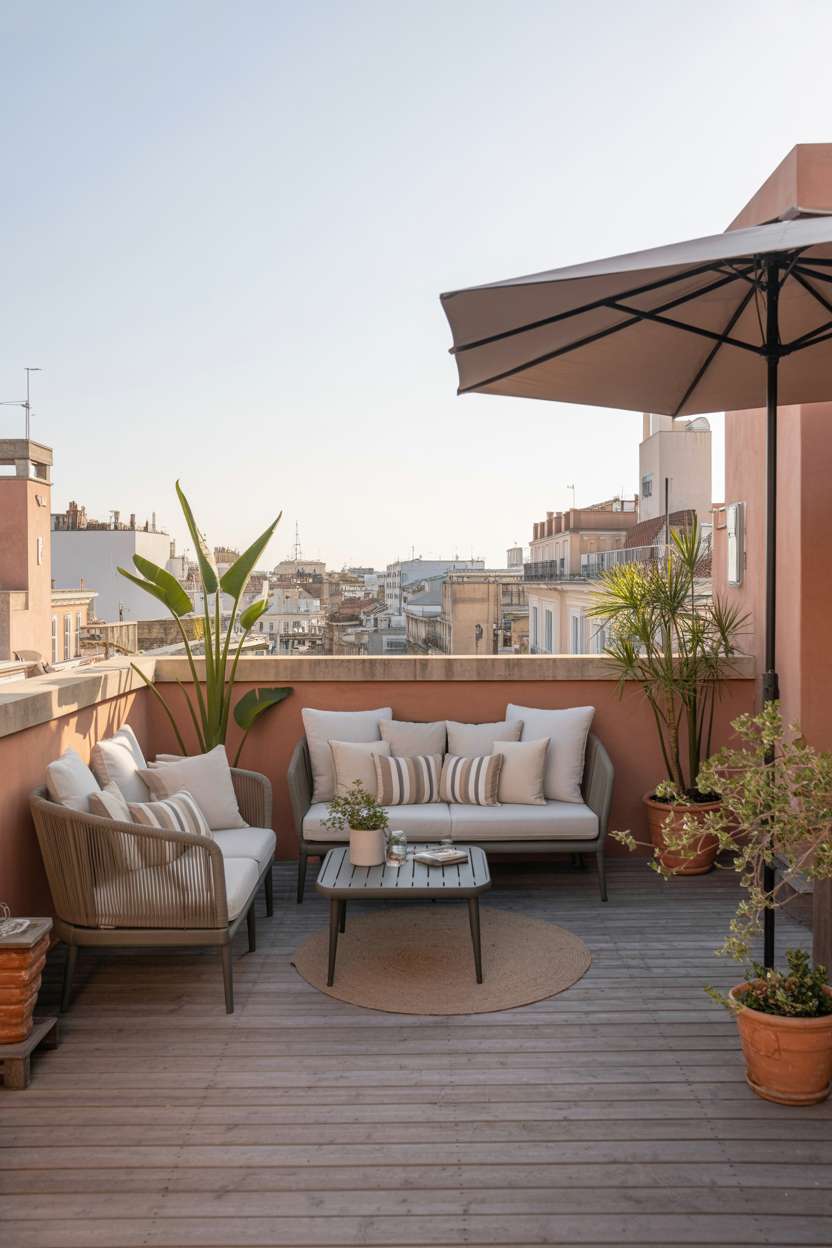 Modern rooftop terrace with dark wooden deck, terracotta walls, light gray sofa, and brown patio umbrella overlooking cityscape