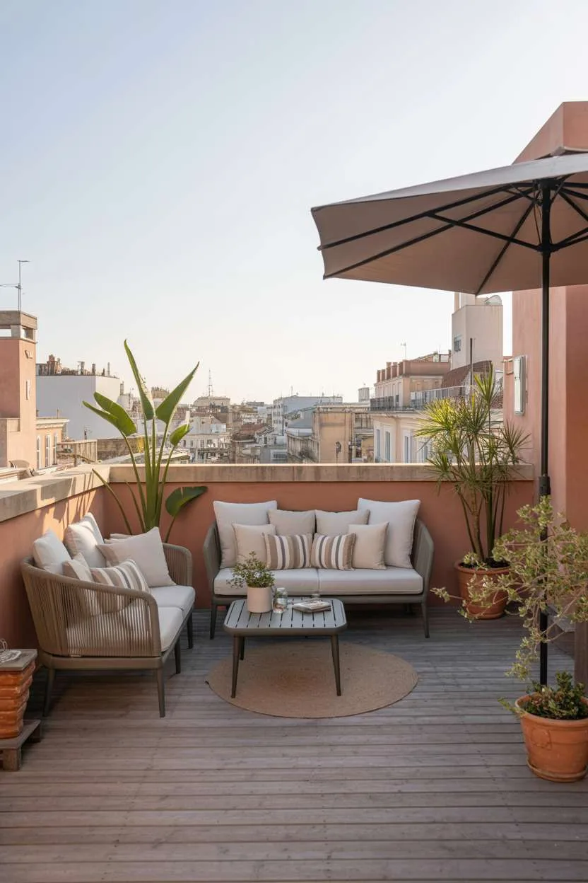 Modern rooftop terrace with dark wooden deck, terracotta walls, light gray sofa, and brown patio umbrella overlooking cityscape