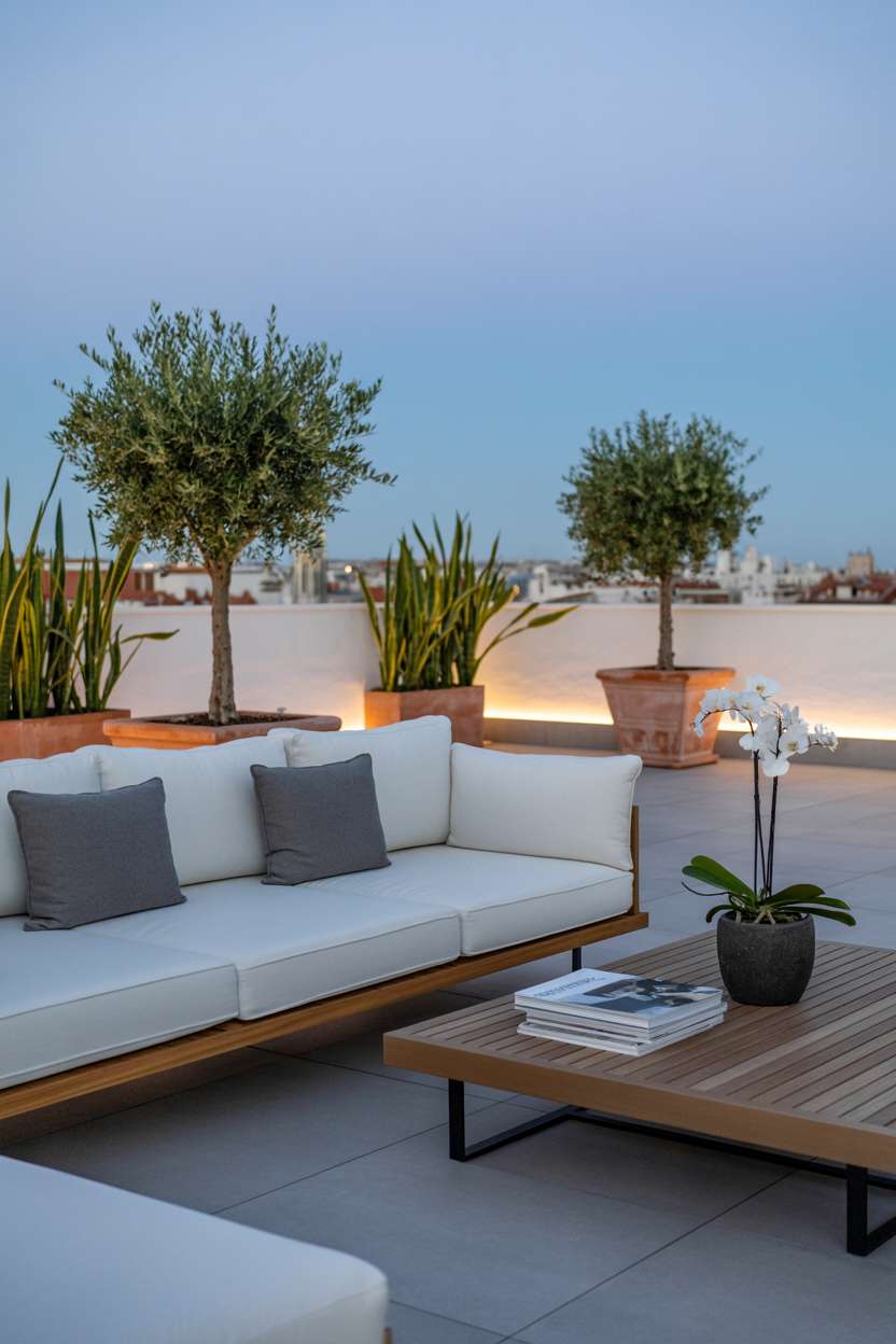 Sleek white sectional sofa with grey cushions on light grey stone patio, featuring olive trees and teak coffee table at twilight