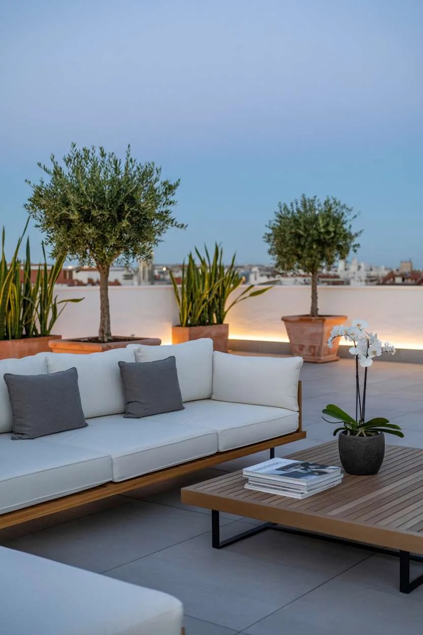 Sleek white sectional sofa with grey cushions on light grey stone patio, featuring olive trees and teak coffee table at twilight