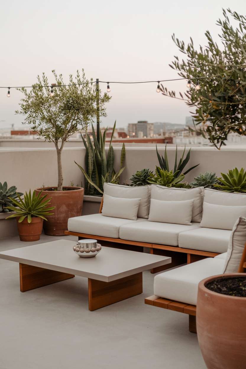Oversized cream sectional with plush pillows around dark wood coffee table, surrounded by potted plants and string lights at dusk