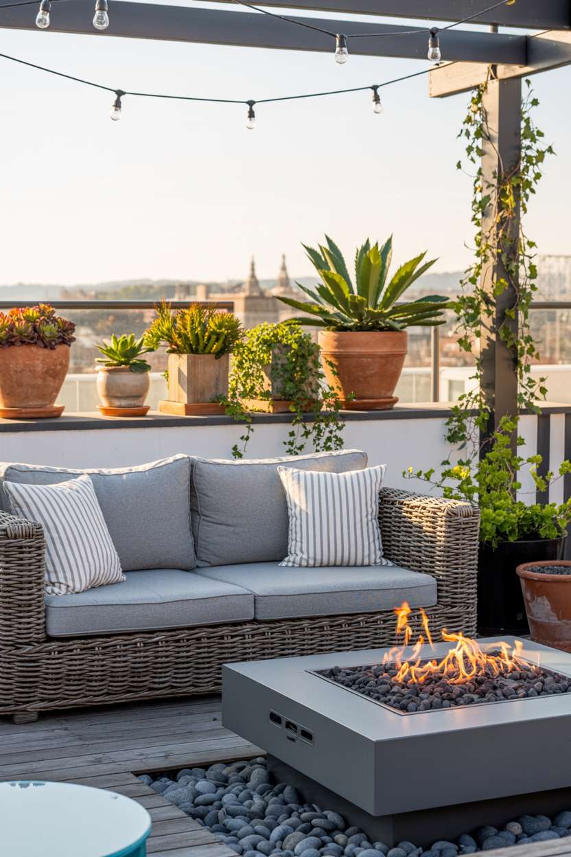 Deep-seated rattan sofa with grey cushions, modern gas fire pit surrounded by river stones, with string lights and city views