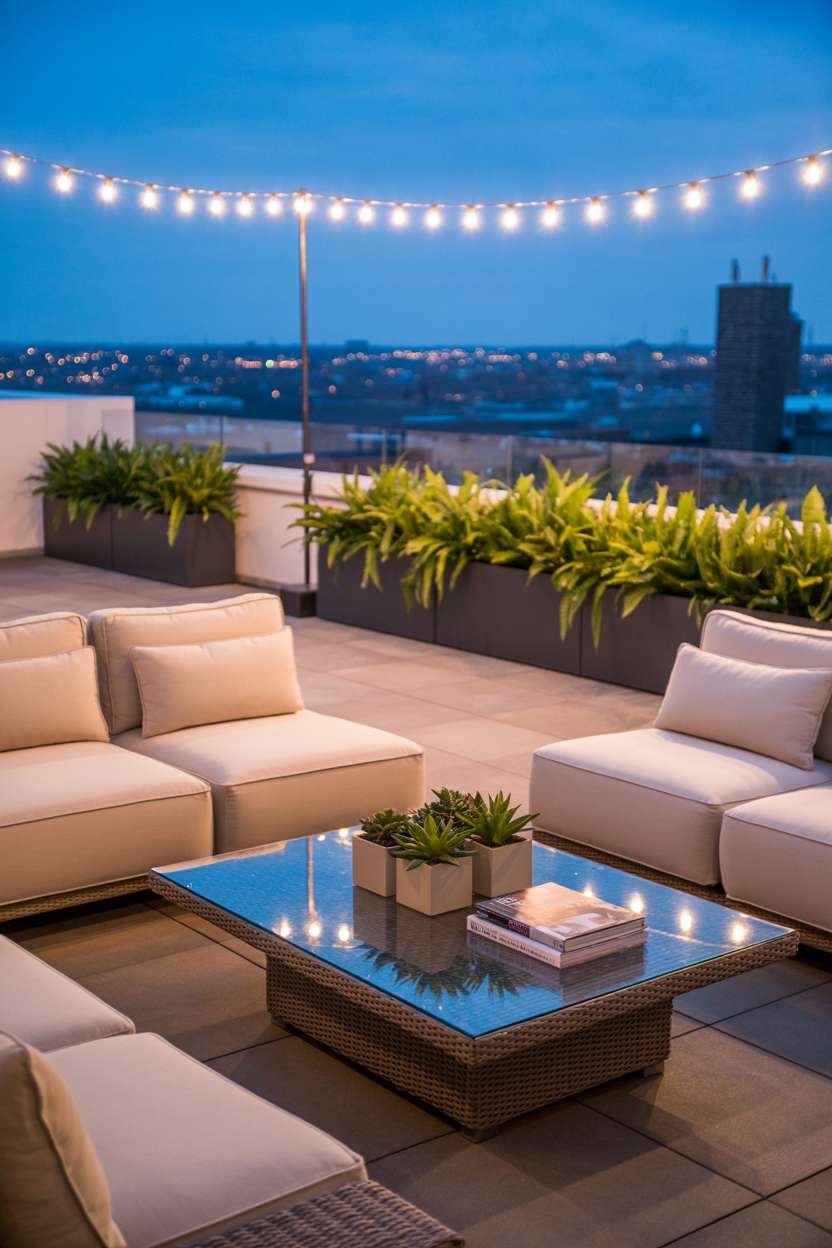 Cream sectional sofas around modern glass coffee table with succulents, fairy lights overhead, and city lights background