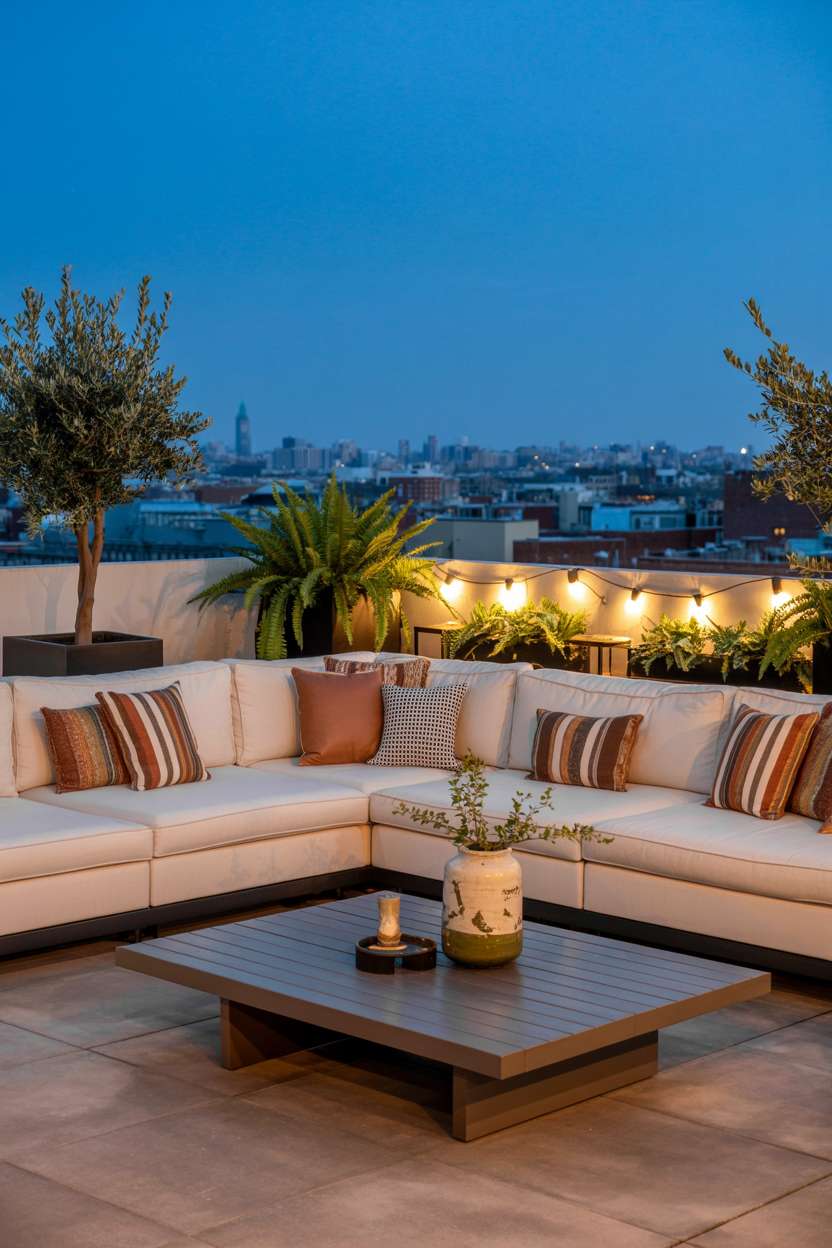 Cream sectional with patterned earth-tone pillows, dark wood coffee table with ceramic vase, string lights and city skyline at twilight