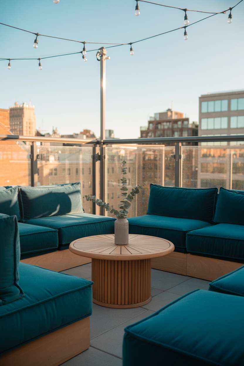 Deep teal velvet seating around circular teak coffee table with eucalyptus, glass railing overlooking bustling city