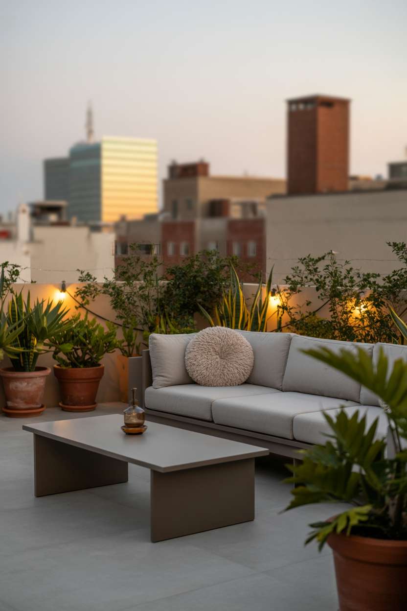 Light grey sectional with cream throw pillow and dark wood coffee table, surrounded by terracotta planters at golden hour