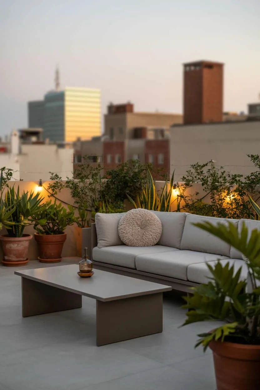 Light grey sectional with cream throw pillow and dark wood coffee table, surrounded by terracotta planters at golden hour