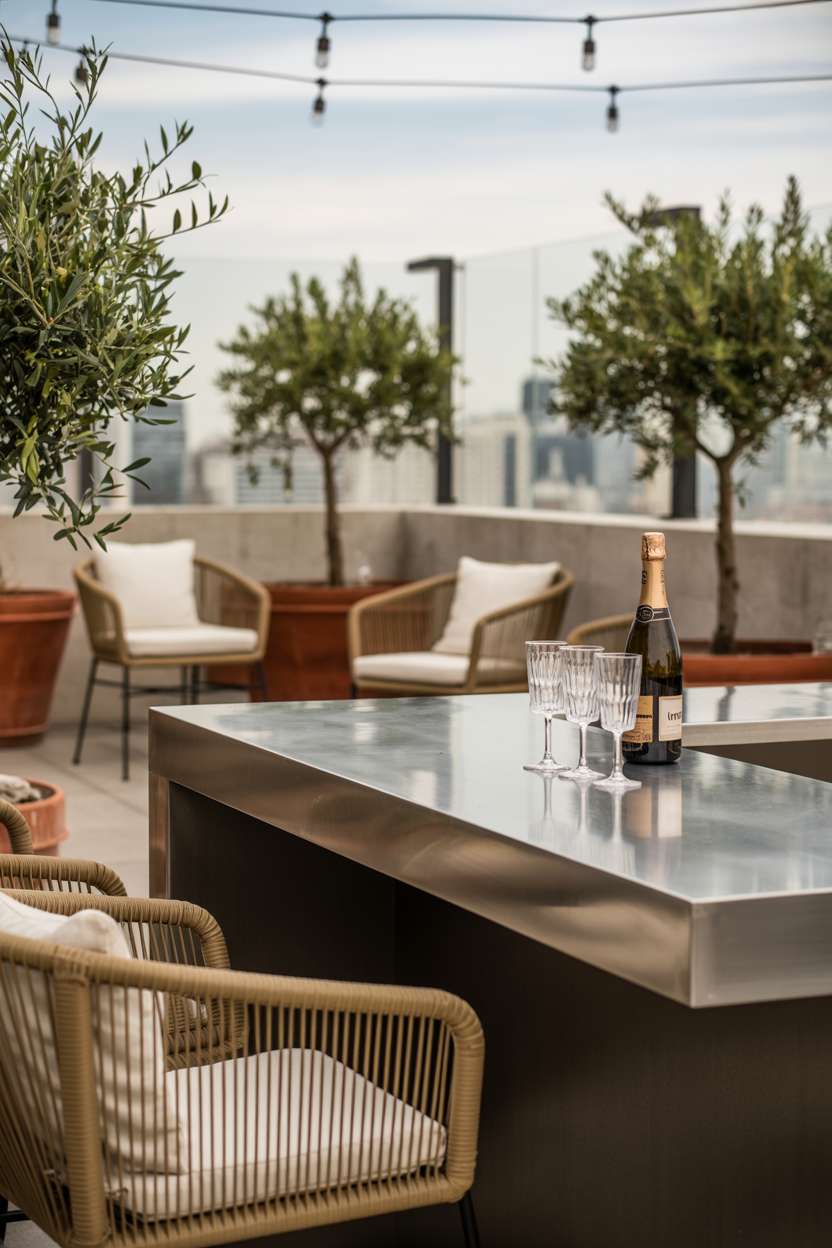 Dark grey concrete bar with stainless steel top, elegant glasses and wine bottle, rattan chairs with white cushions