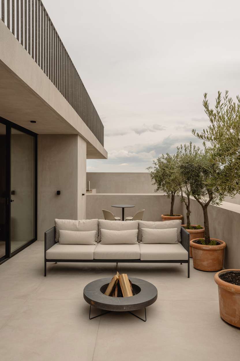 Modern cream linen sofa facing circular dark stone fire pit, olive trees in terracotta pots, light gray concrete floor
