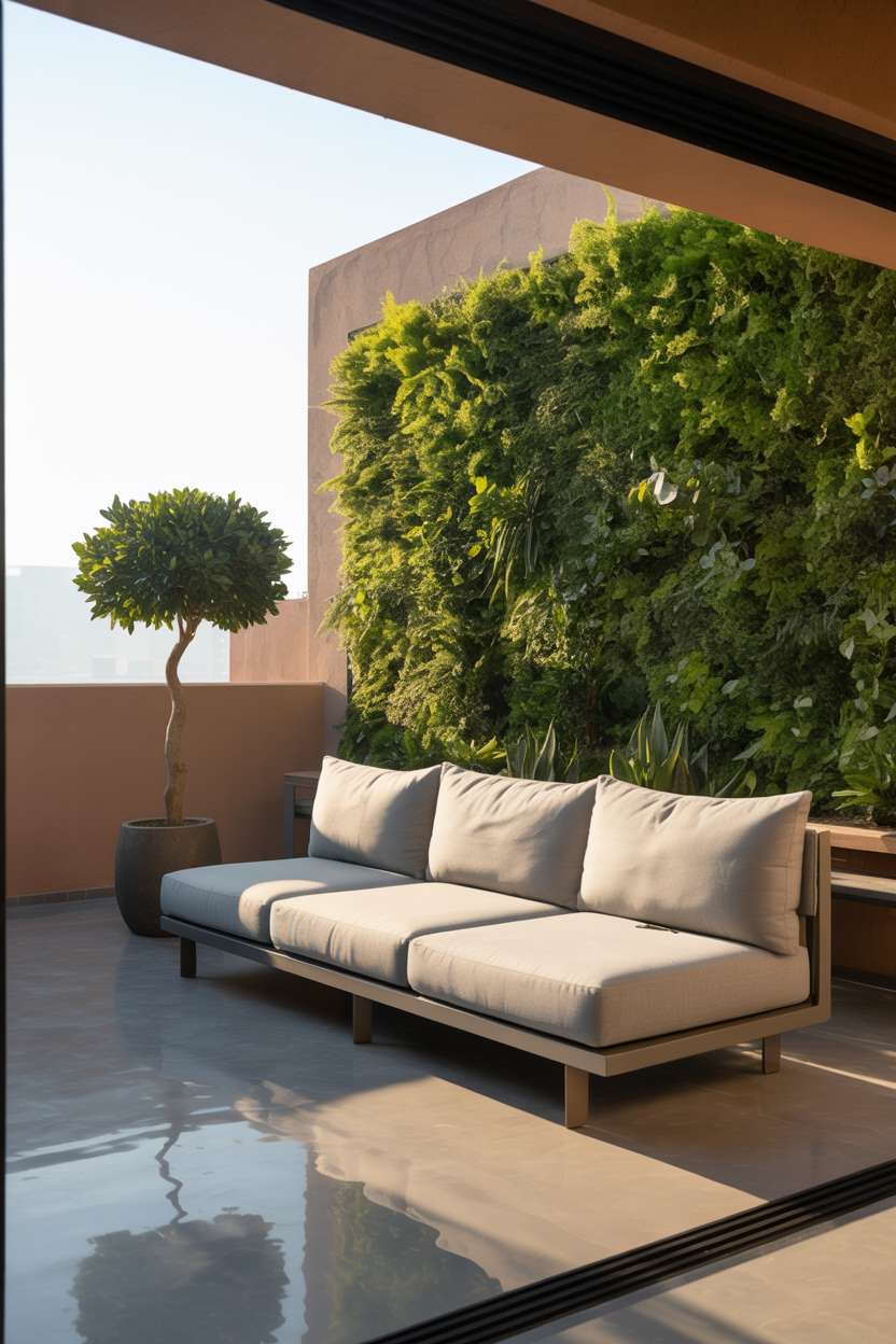 Light grey sectional facing vibrant green living wall, polished concrete floor reflecting sunlight