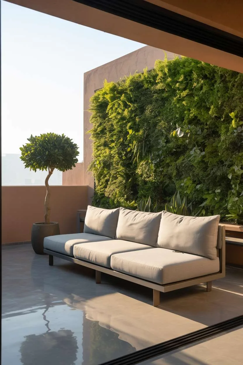 Light grey sectional facing vibrant green living wall, polished concrete floor reflecting sunlight