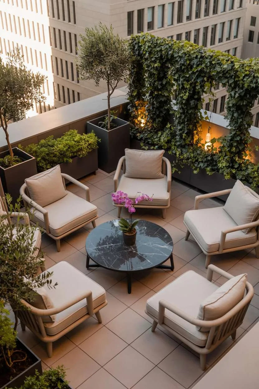 Aerial view of circular cream lounge chairs around black marble coffee table with orchid, olive trees and geometric floor tiles