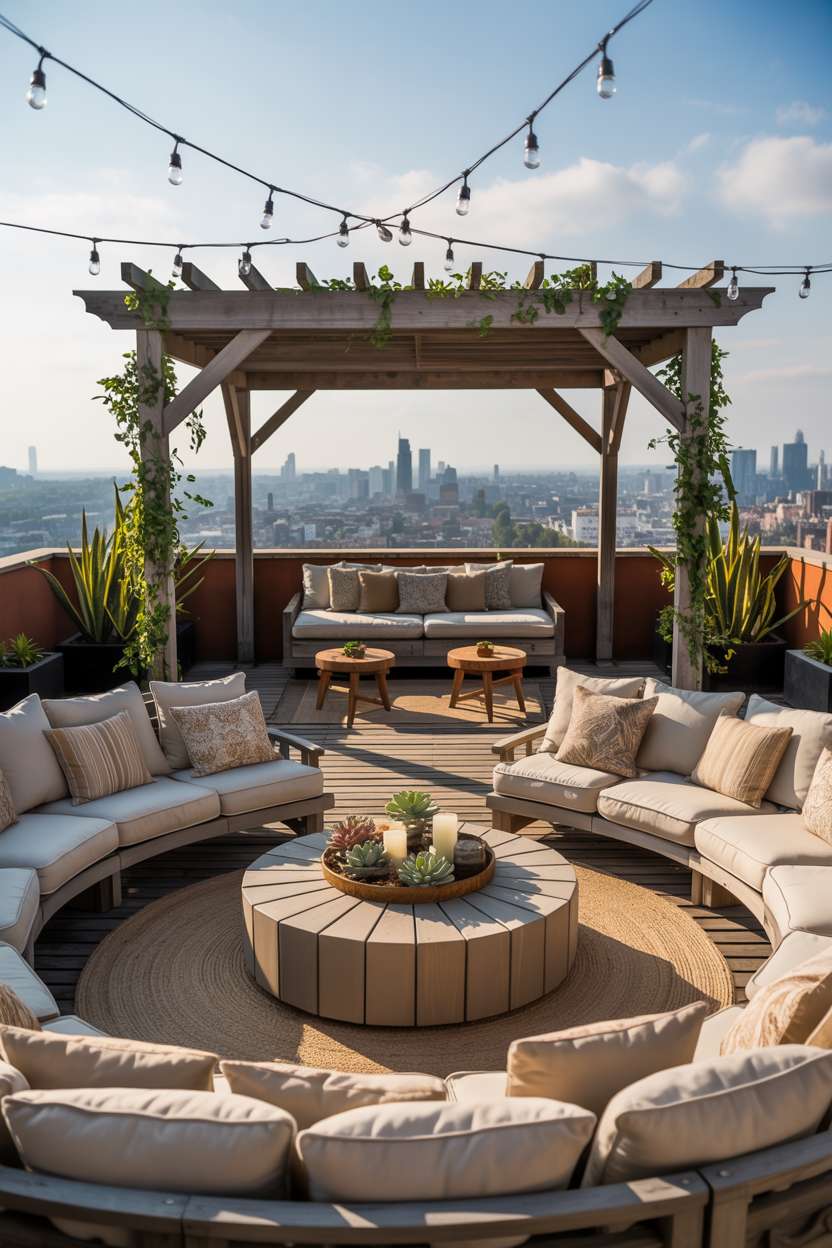 Circular arrangement of cream cushions and patterned pillows around wooden coffee table, weathered pergola with cascading greenery