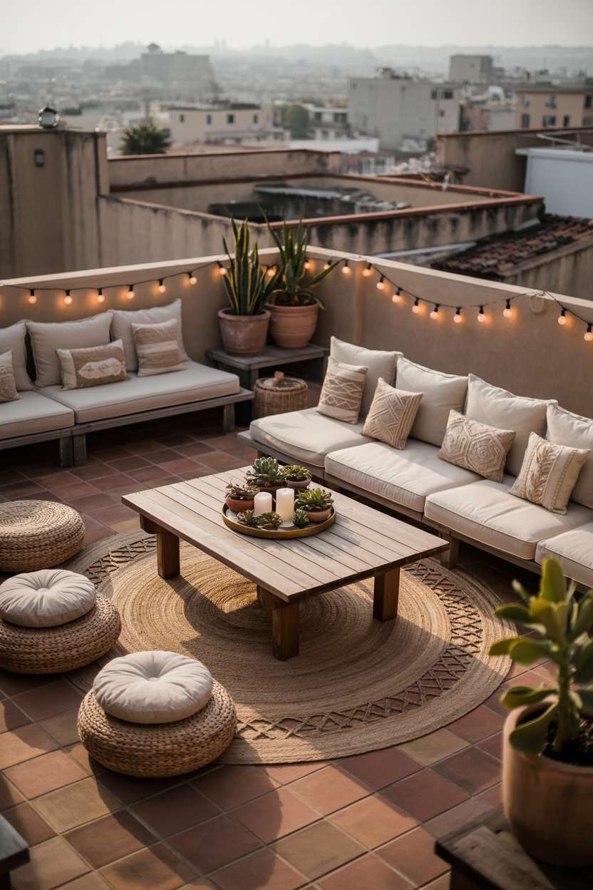 Aerial view of woven rugs and cushions around weathered wood table with succulents, terracotta tile floor