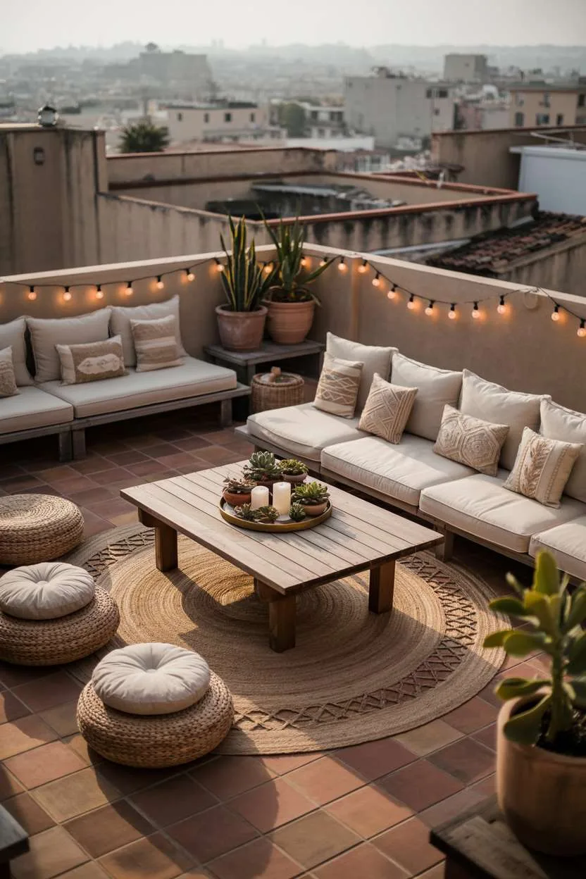 Aerial view of woven rugs and cushions around weathered wood table with succulents, terracotta tile floor