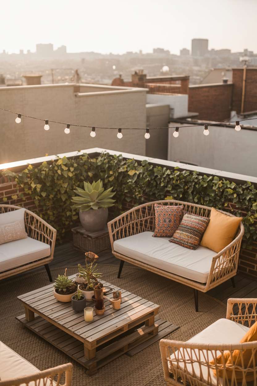 Circular rattan daybed with colorful patterned cushions, fairy lights and climbing ivy on brick wall at sunset