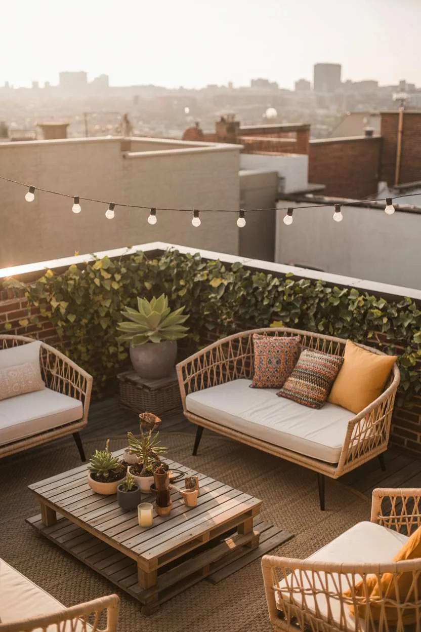 Circular rattan daybed with colorful patterned cushions, fairy lights and climbing ivy on brick wall at sunset
