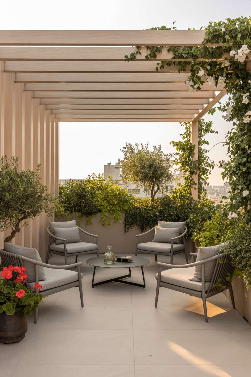 Light wood pergola with climbing jasmine, circular grey lounge chairs around dark metal and glass coffee table