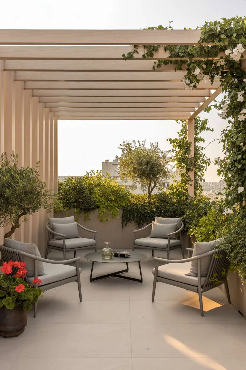 Light wood pergola with climbing jasmine, circular grey lounge chairs around dark metal and glass coffee table