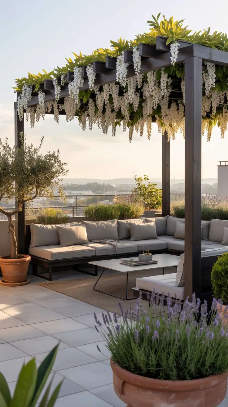 Aerial view of wooden pergola with white wisteria blossoms, grey seating and terracotta planters with lavender