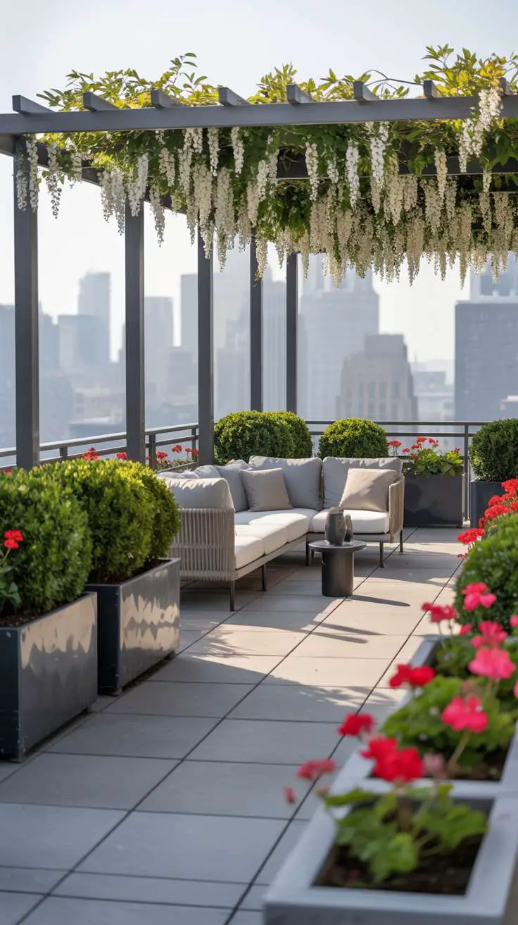 White sectional with grey cushions under wisteria pergola, light gray stone tiles with boxwood and red geranium planters