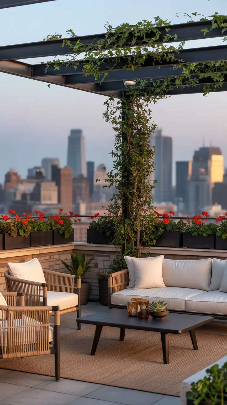Modern pergola with climbing ivy, cream sectional and rattan chairs around dark wood table with red geraniums