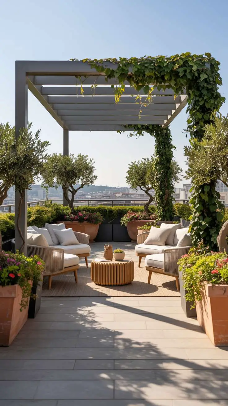 Aerial view of pergola with ivy, cream lounge chairs around natural wood coffee table, olive trees and cascading flowers