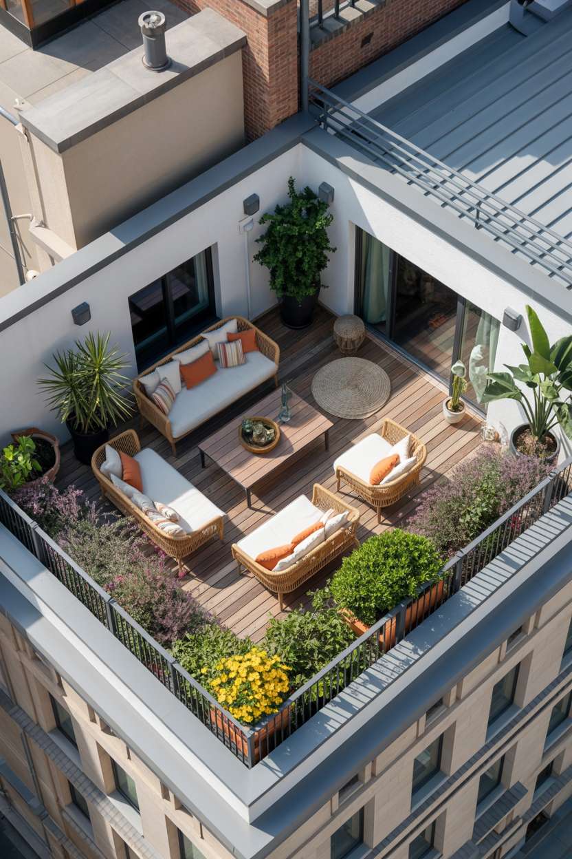 Aerial view of three woven rattan daybeds with white cushions and orange pillows arranged in U-shape on wooden deck