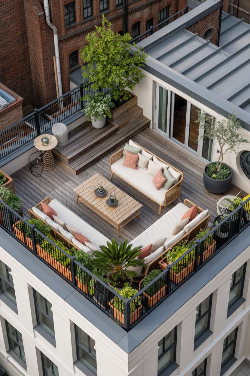 Aerial view of two-level wooden deck with light wooden sofas, cream cushions, coral pillows, and strategic plant placement