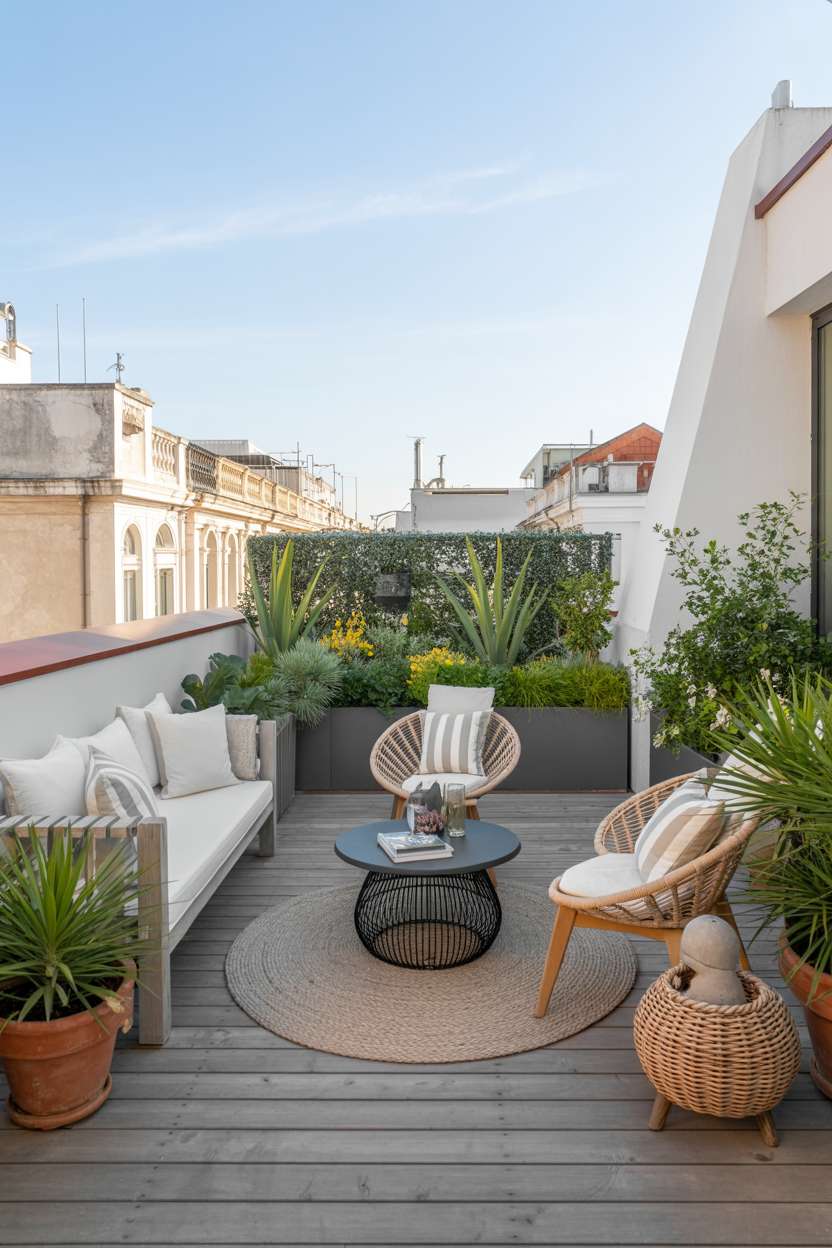 Minimalist terrace with white cushioned bench, woven rattan chairs, black wire coffee table on jute rug with agave plants