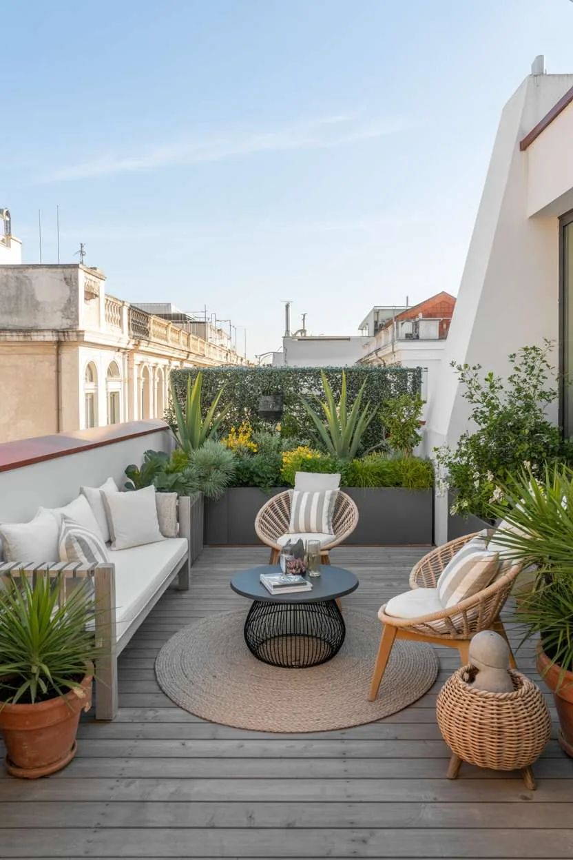 Minimalist terrace with white cushioned bench, woven rattan chairs, black wire coffee table on jute rug with agave plants