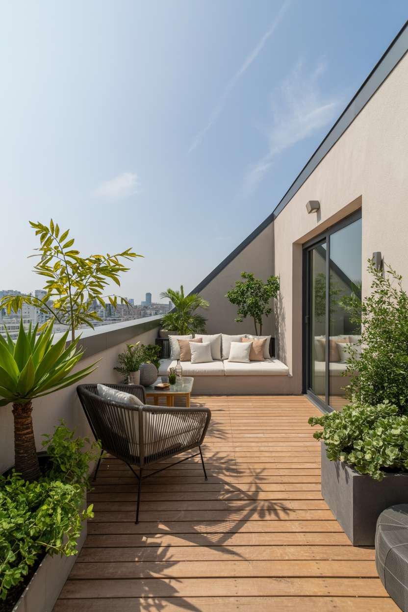 Wooden deck with built-in white cushioned bench, black rope chair, tall palm tree and city skyline views
