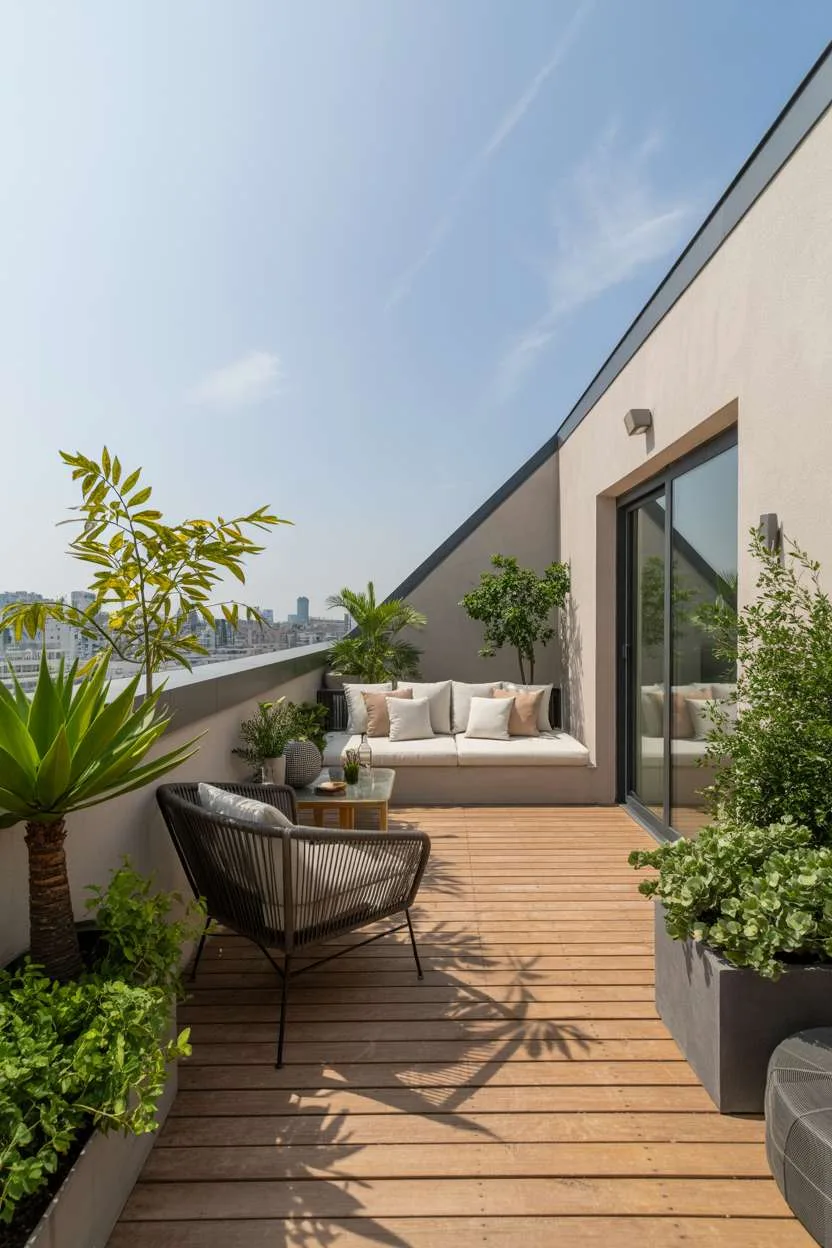 Wooden deck with built-in white cushioned bench, black rope chair, tall palm tree and city skyline views