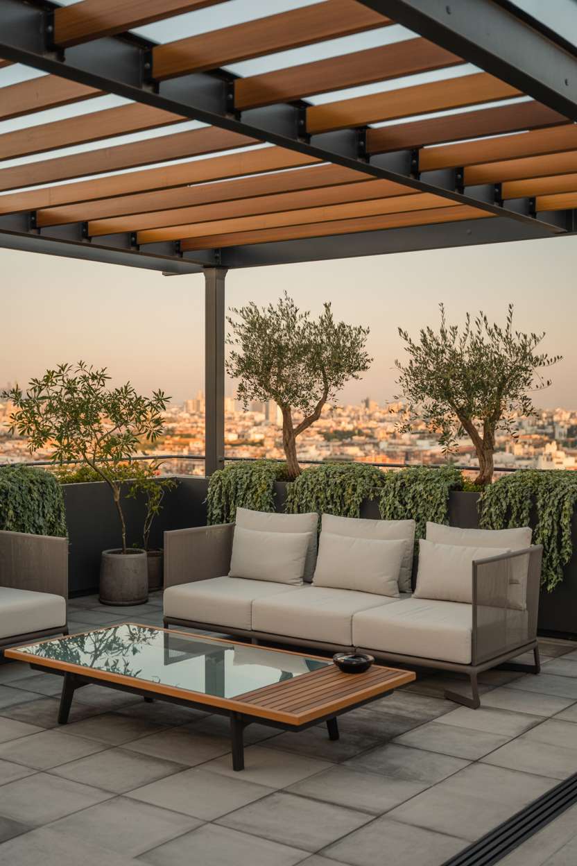 Contemporary terrace with wooden pergola, grey sectional with cream cushions on patterned concrete tiles with cityscape views