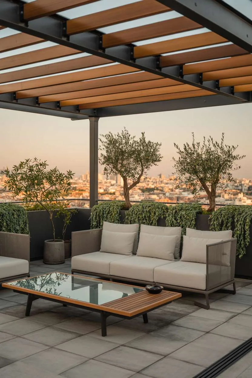 Contemporary terrace with wooden pergola, grey sectional with cream cushions on patterned concrete tiles with cityscape views