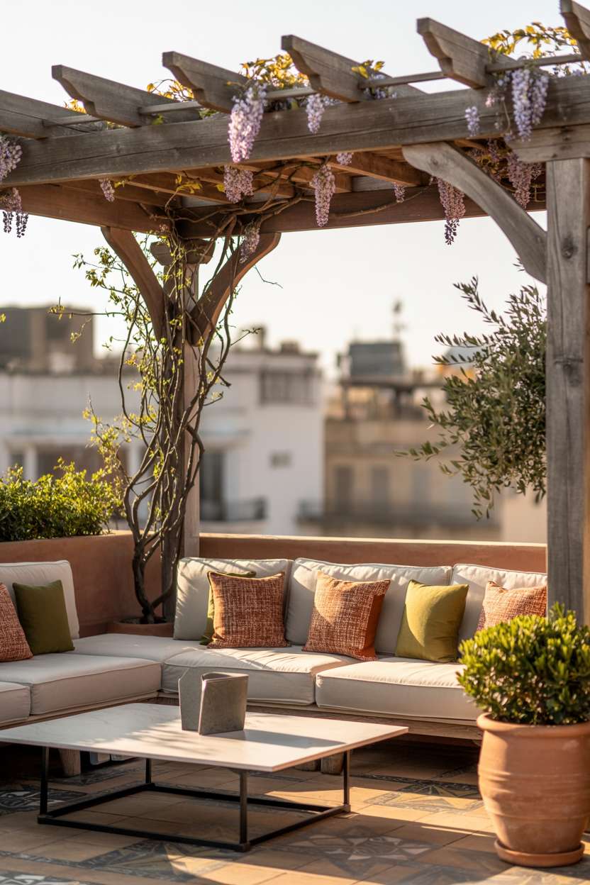 Weathered wooden pergola with wisteria vines, cream sectional with terracotta and olive pillows on patterned stone
