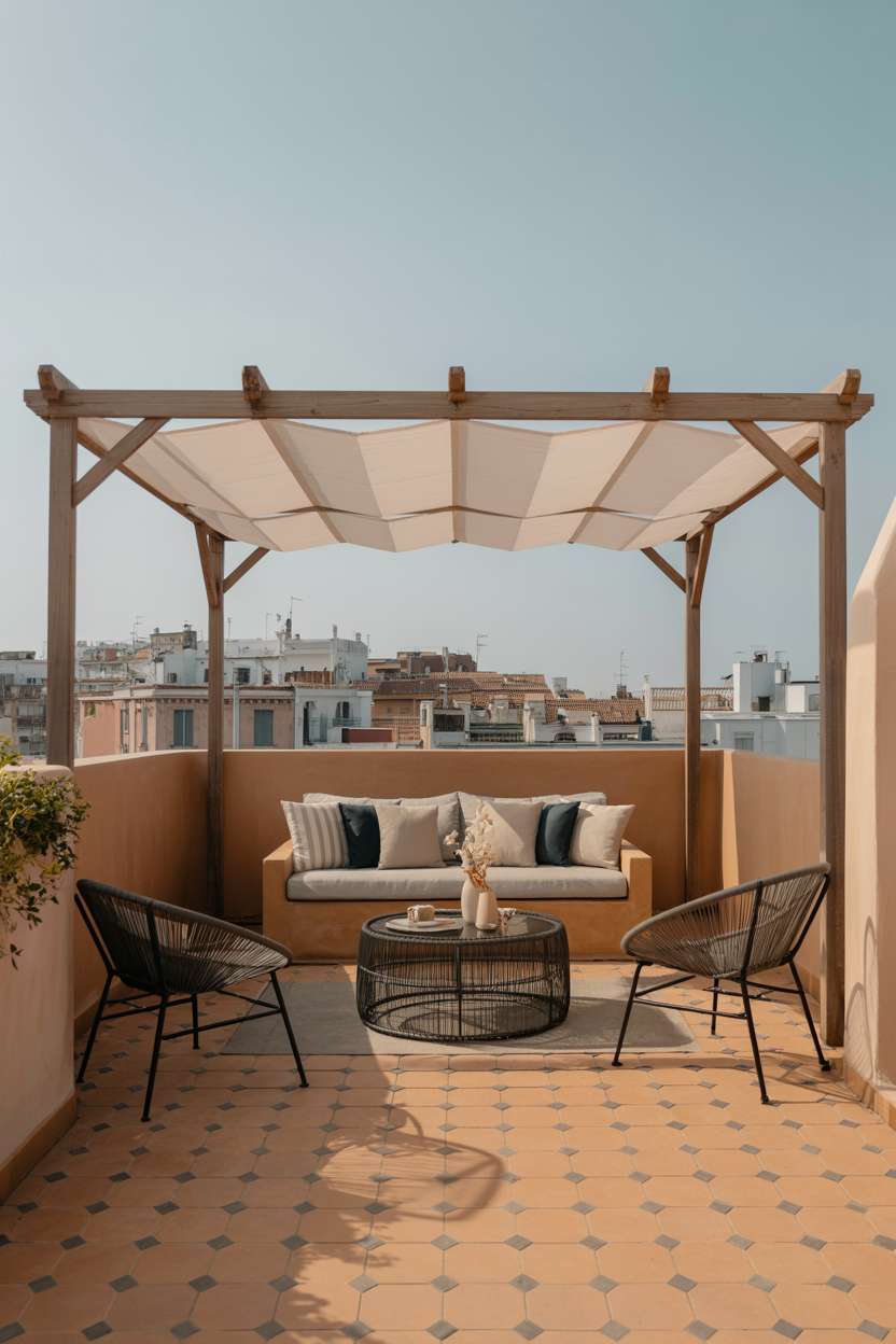 Wooden pergola with cream canvas shade, beige bench with blue pillows, black Acapulco chairs around wire coffee table