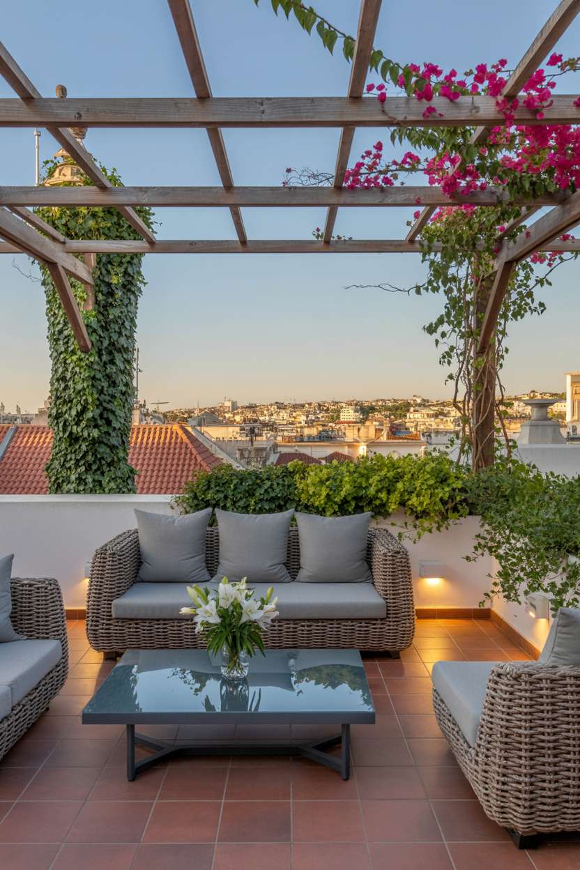Rustic wooden pergola with ivy and pink bougainvillea, grey rattan seating around modern coffee table with white lilies