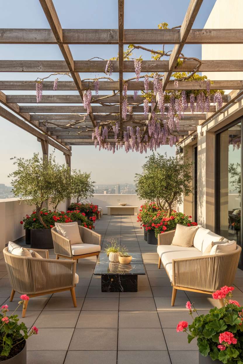 Weathered pergola with wisteria, cream woven chairs and ottoman around black marble coffee table on grey stone tiles