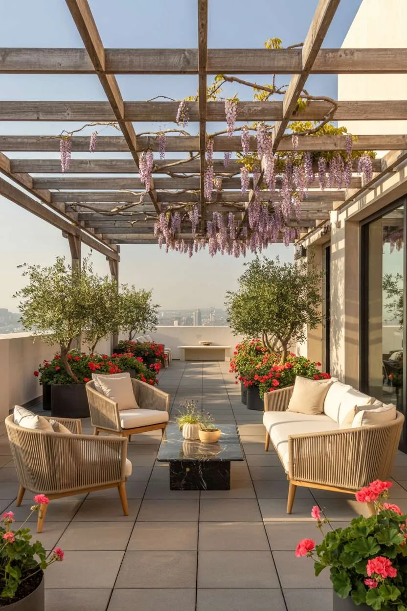 Weathered pergola with wisteria, cream woven chairs and ottoman around black marble coffee table on grey stone tiles