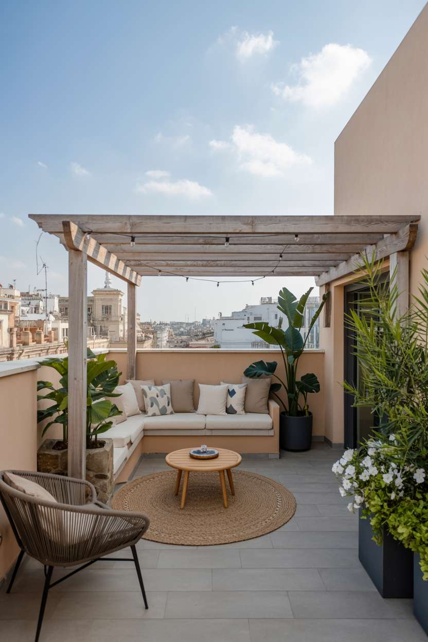 Wooden pergola with string lights, beige L-shaped bench with grey cushions, round coffee table on jute rug with palm plants