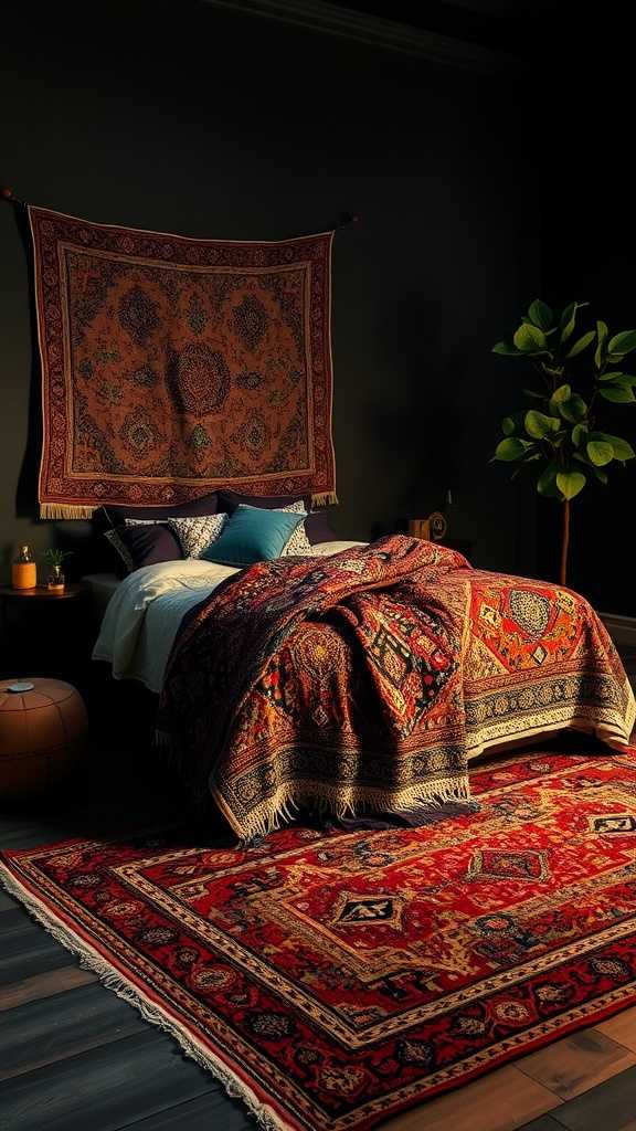 A beautifully layered rug setup in a dark boho bedroom, featuring intricate patterns and rich colors.