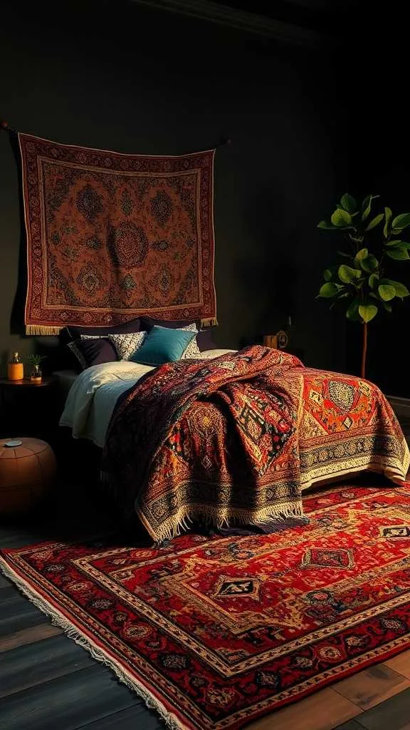 20 Unique Dark Boho Bedroom Ideas for a Bold Statement 11 A beautifully layered rug setup in a dark boho bedroom, featuring intricate patterns and rich colors.