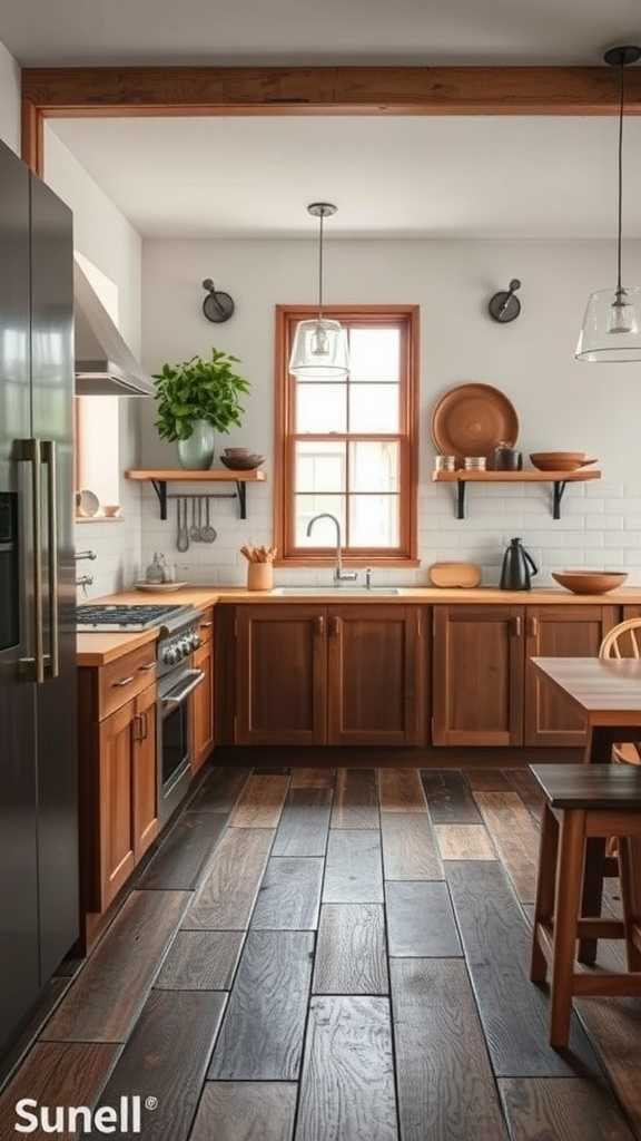 A rustic kitchen featuring wooden cabinets, dark hardwood flooring, and natural light.