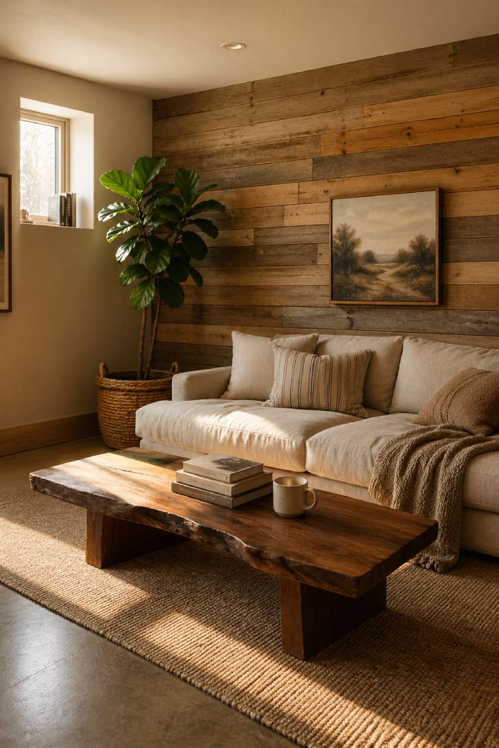 Reclaimed wood accent wall in warm tones behind a linen sofa in a rustic basement living area with natural light