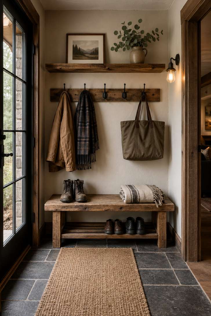 Rustic mudroom-style basement entry with reclaimed wood hooks, pine bench, and slate tile floor