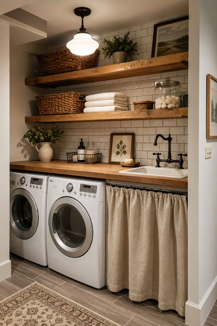 Farmhouse-inspired basement laundry corner with butcher block counter, subway tile, and open oak shelving