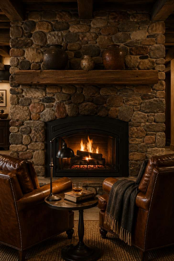 Floor-to-ceiling dry-stacked stone fireplace with leather club chairs in a cozy rustic basement