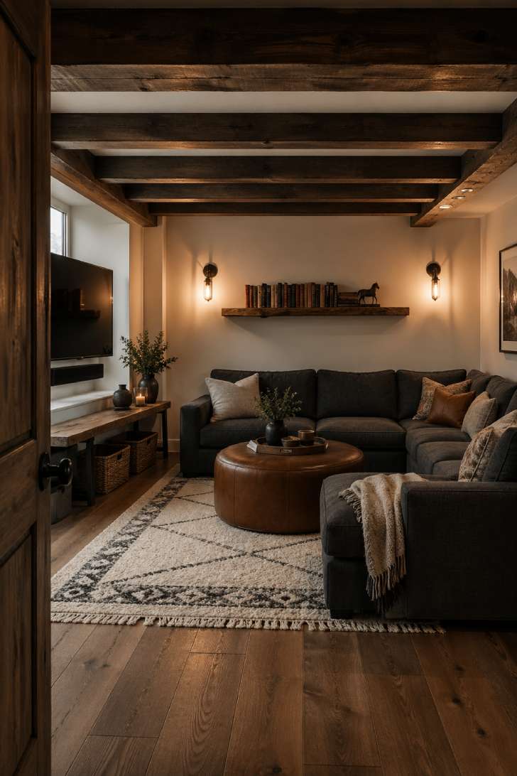 Dark-stained exposed beam ceiling over a charcoal sectional in a rustic basement lounge with Edison bulb sconces